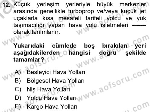Hava Taşımacılığı Dersi 2018 - 2019 Yılı Yaz Okulu Sınav Soruları 12. Soru