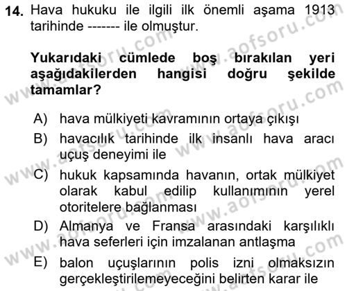 Hava Taşımacılığı Dersi 2020 - 2021 Yılı Yaz Okulu Sınav Soruları 14. Soru