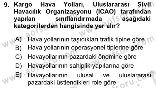 Hava Taşımacılığı Dersi 2020 - 2021 Yılı Yaz Okulu Sınav Soruları 9. Soru
