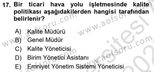 Hava Taşımacılığı Dersi 2021 - 2022 Yılı Yaz Okulu Sınav Soruları 17. Soru
