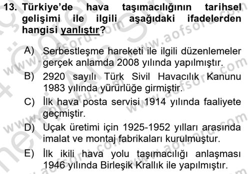 Hava Taşımacılığı Dersi 2023 - 2024 Yılı (Vize) Ara Sınav Soruları 13. Soru