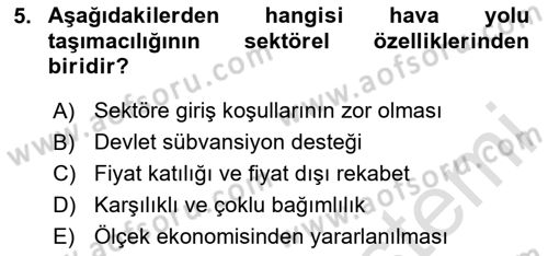 Hava Taşımacılığı Dersi 2023 - 2024 Yılı Yaz Okulu Sınav Soruları 5. Soru