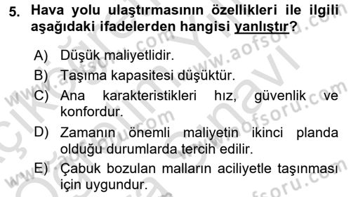 Hava Taşımacılığı Dersi 2024 - 2025 Yılı (Vize) Ara Sınav Soruları 5. Soru