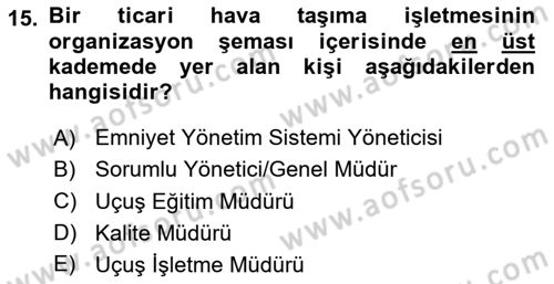Hava Taşımacılığı Dersi 2024 - 2025 Yılı (Final) Dönem Sonu Sınav Soruları 15. Soru