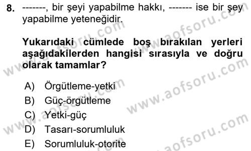 Yer Hizmetleri Yönetimi Dersi 2018 - 2019 Yılı Yaz Okulu Sınav Soruları 8. Soru