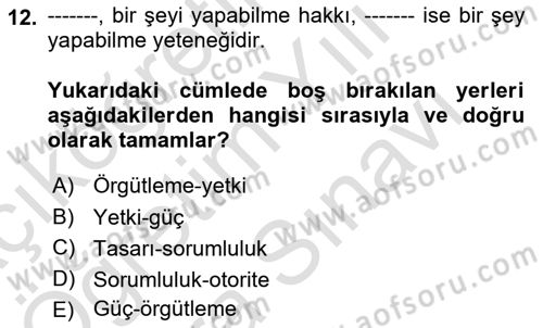 Yer Hizmetleri Yönetimi Dersi 2023 - 2024 Yılı (Vize) Ara Sınav Soruları 12. Soru