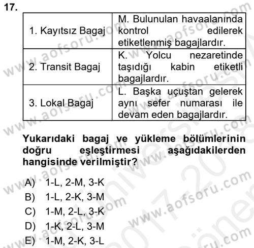 Yolcu Hizmetleri Dersi 2017 - 2018 Yılı (Final) Dönem Sonu Sınav Soruları 17. Soru
