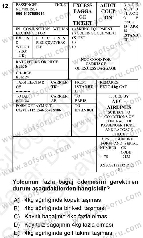 Yolcu Hizmetleri Dersi 2018 - 2019 Yılı (Final) Dönem Sonu Sınav Soruları 12. Soru