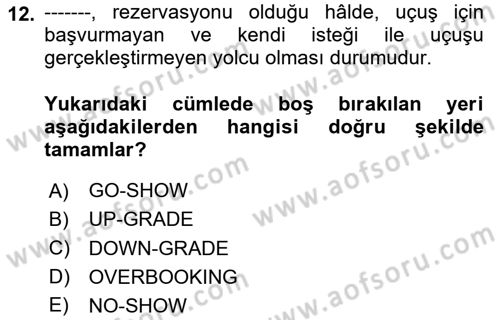 Yolcu Hizmetleri Dersi 2020 - 2021 Yılı Yaz Okulu Sınav Soruları 12. Soru