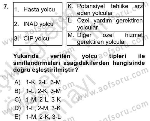 Yolcu Hizmetleri Dersi 2020 - 2021 Yılı Yaz Okulu Sınav Soruları 7. Soru