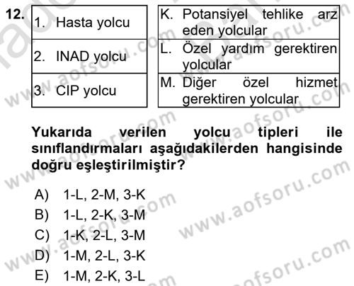 Yolcu Hizmetleri Dersi 2021 - 2022 Yılı (Vize) Ara Sınav Soruları 12. Soru
