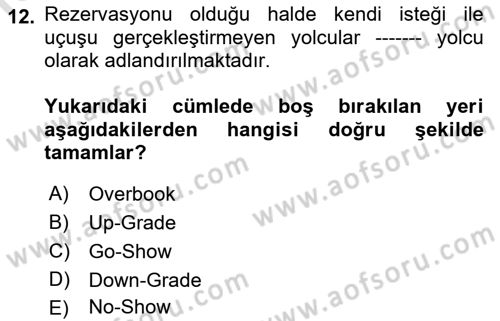 Yolcu Hizmetleri Dersi 2021 - 2022 Yılı Yaz Okulu Sınav Soruları 12. Soru