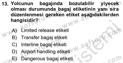 Yolcu Hizmetleri Dersi 2021 - 2022 Yılı Yaz Okulu Sınav Soruları 13. Soru