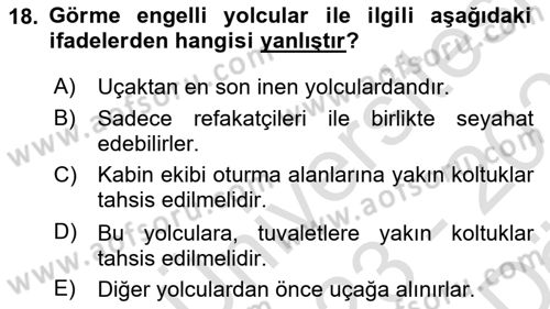 Yolcu Hizmetleri Dersi 2023 - 2024 Yılı (Vize) Ara Sınav Soruları 18. Soru