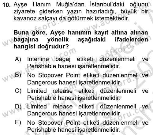 Yolcu Hizmetleri Dersi 2023 - 2024 Yılı (Final) Dönem Sonu Sınav Soruları 10. Soru