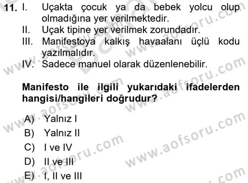Yolcu Hizmetleri Dersi 2023 - 2024 Yılı (Final) Dönem Sonu Sınav Soruları 11. Soru
