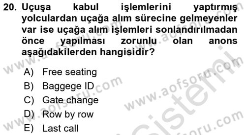 Yolcu Hizmetleri Dersi 2023 - 2024 Yılı (Final) Dönem Sonu Sınav Soruları 20. Soru