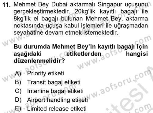 Yolcu Hizmetleri Dersi 2023 - 2024 Yılı Yaz Okulu Sınav Soruları 11. Soru