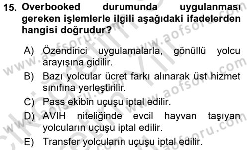 Yolcu Hizmetleri Dersi 2023 - 2024 Yılı Yaz Okulu Sınav Soruları 15. Soru