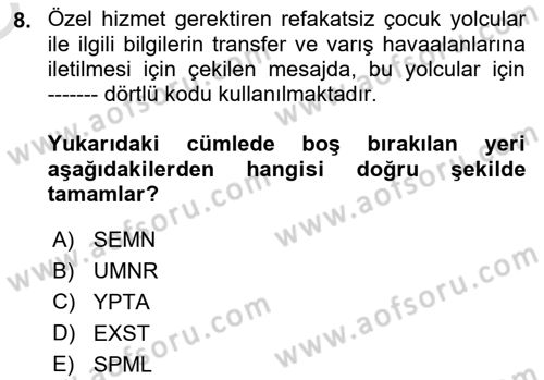 Yolcu Hizmetleri Dersi 2023 - 2024 Yılı Yaz Okulu Sınav Soruları 8. Soru