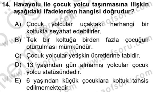 Yolcu Hizmetleri Dersi 2024 - 2025 Yılı (Vize) Ara Sınav Soruları 14. Soru