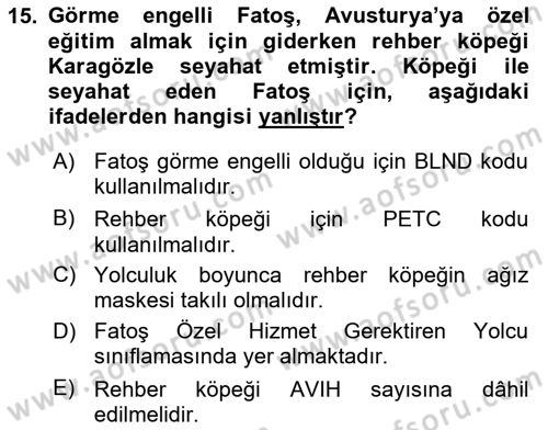 Yolcu Hizmetleri Dersi 2024 - 2025 Yılı (Vize) Ara Sınav Soruları 15. Soru