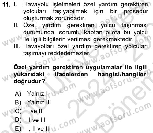 Yolcu Hizmetleri Dersi 2024 - 2025 Yılı (Final) Dönem Sonu Sınav Soruları 11. Soru
