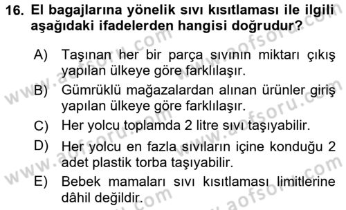 Yolcu Hizmetleri Dersi 2024 - 2025 Yılı (Final) Dönem Sonu Sınav Soruları 16. Soru