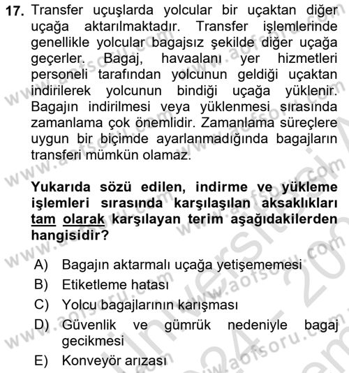 Yolcu Hizmetleri Dersi 2024 - 2025 Yılı (Final) Dönem Sonu Sınav Soruları 17. Soru