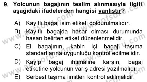 Yolcu Hizmetleri Dersi 2024 - 2025 Yılı (Final) Dönem Sonu Sınav Soruları 9. Soru