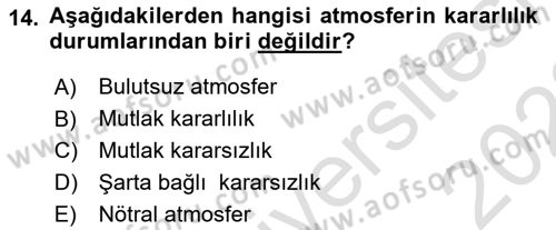 Meteoroloji Dersi Ara Sınavı Deneme Sınav Soruları 14. Soru