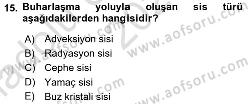 Meteoroloji Dersi Ara Sınavı Deneme Sınav Soruları 15. Soru