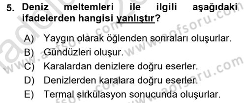 Meteoroloji Dersi Ara Sınavı Deneme Sınav Soruları 5. Soru