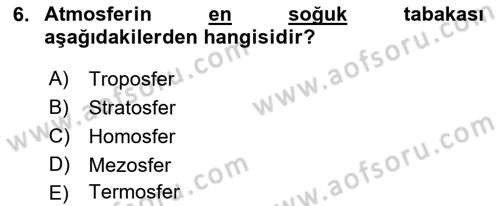 Meteoroloji Dersi Ara Sınavı Deneme Sınav Soruları 6. Soru