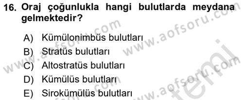 Meteoroloji Dersi Ara Sınavı Deneme Sınav Soruları 16. Soru