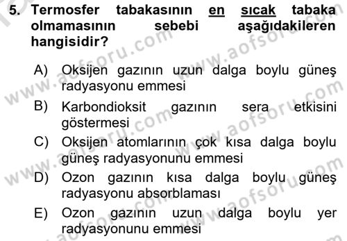 Meteoroloji Dersi Ara Sınavı Deneme Sınav Soruları 5. Soru