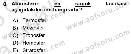 Meteoroloji Dersi Ara Sınavı Deneme Sınav Soruları 8. Soru
