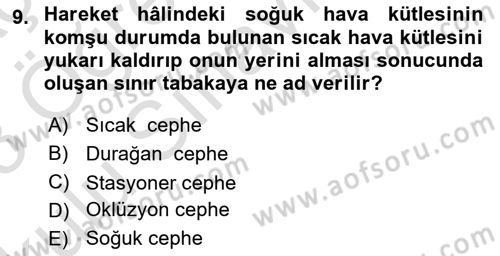 Meteoroloji Dersi 2022 - 2023 Yılı Yaz Okulu Sınav Soruları 9. Soru