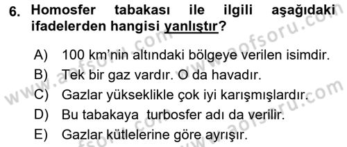 Meteoroloji Dersi Ara Sınavı Deneme Sınav Soruları 6. Soru