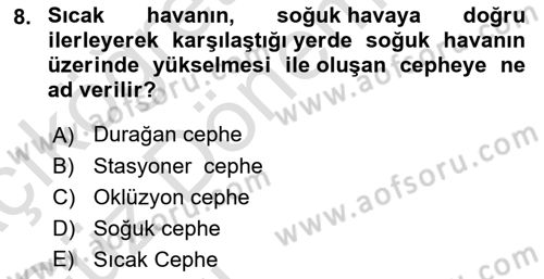 Meteoroloji Dersi Ara Sınavı Deneme Sınav Soruları 8. Soru