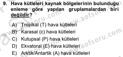 Meteoroloji Dersi Ara Sınavı Deneme Sınav Soruları 9. Soru