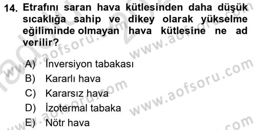 Meteoroloji Dersi Ara Sınavı Deneme Sınav Soruları 14. Soru