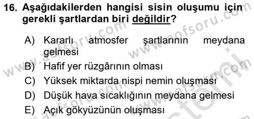 Meteoroloji Dersi Ara Sınavı Deneme Sınav Soruları 16. Soru