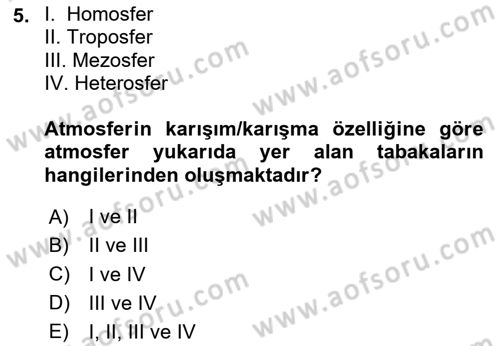 Meteoroloji Dersi Ara Sınavı Deneme Sınav Soruları 5. Soru