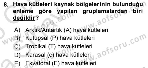 Meteoroloji Dersi Ara Sınavı Deneme Sınav Soruları 8. Soru