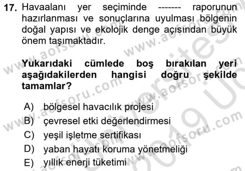 Havaalanı Sistemi Dersi 2018 - 2019 Yılı 3 Ders Sınavı 17. Soru