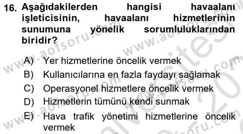 Havaalanı Sistemi Dersi 2020 - 2021 Yılı Yaz Okulu Sınav Soruları 16. Soru