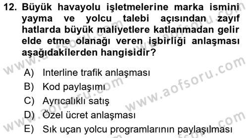Havayolu Yönetimi Dersi 2018 - 2019 Yılı Yaz Okulu Sınav Soruları 12. Soru