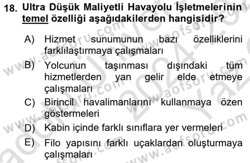 Havayolu Yönetimi Dersi 2024 - 2025 Yılı Yaz Okulu Sınav Soruları 18. Soru
