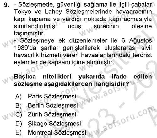 Havacılık Güvenliği Dersi 2023 - 2024 Yılı (Vize) Ara Sınavı 9. Soru